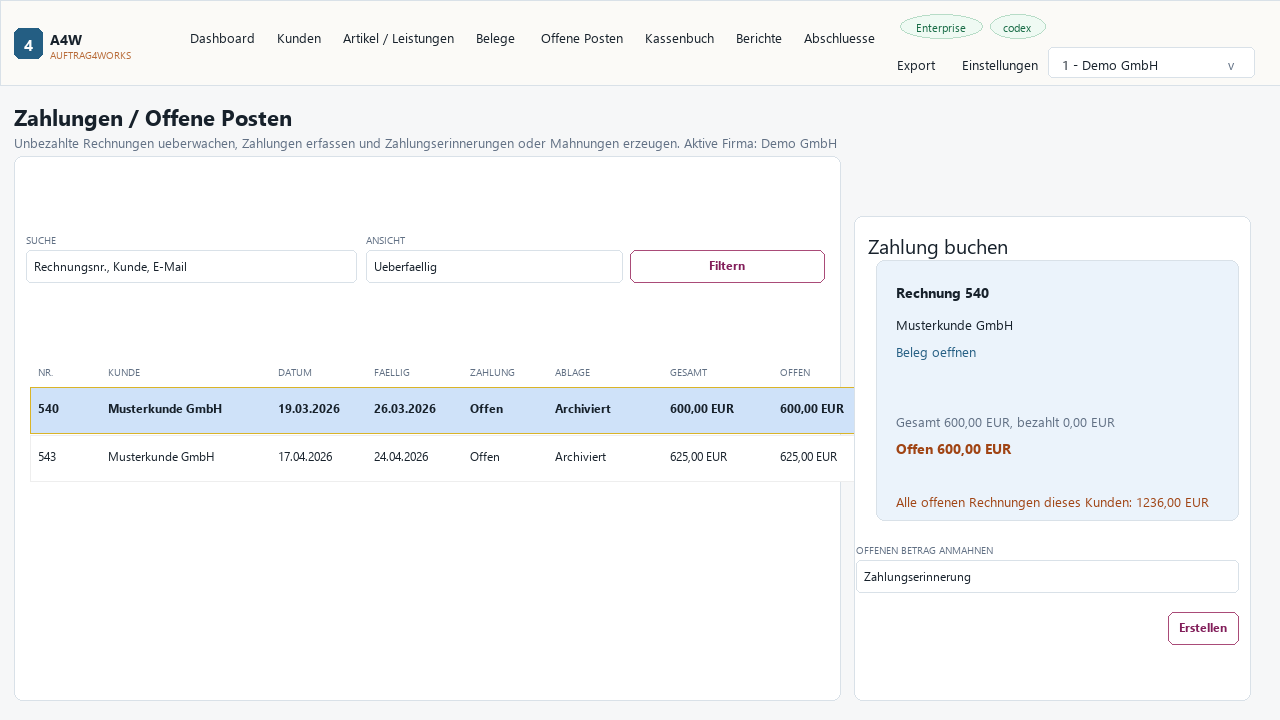 A4W Auftrag4Works Mahnung oder Zahlungserinnerung erstellen mit anonymisierten Demo-Daten